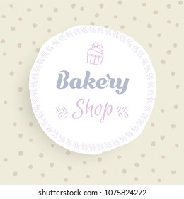 Cute vintage simple doodle style wreath with cupcake cartoon on hand drawing dot background