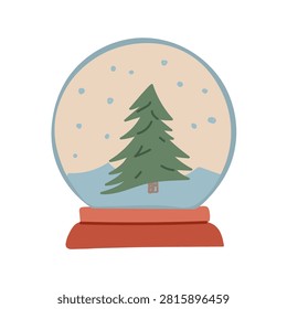 Cute vintage snow globe with pine tree inside, cozy hand drawn winter snowfall globe illustration