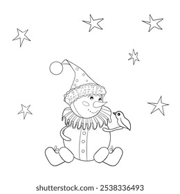 Cute vintage snowman in a cap sits under the stars and holds a bird. Black and white vector hand-drawn illustration in cartoon style. Christmas element for cards, print, banners and other design