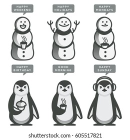Cute vintage Snowman and Penguins characters set for greeting card of holidays. Isolated artwork object. Suitable for and any print media need.