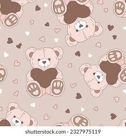  Cute vintage soft teddy bear toy vector seamless pattern. Romantic Valentines Day background.