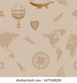 Cute vintage steampunk wallpaper, seamless background. Pattern set of bike, airship, balloon, world map, heart, photo camera, cogs and gears.