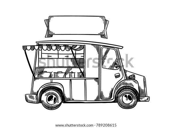 Cute vintage street food truck\
with blank company sign. Hand drawn line art vector\
illustration