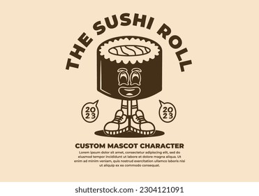 Cute vintage style drawing of sushi roll mascot character with feet