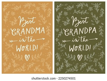 Cute Vintage Style Illustrations To Celebrate Grand Parents Day. Set Of Two Greeting Cards For Grandma And Grandpa. Hand Drawn Floral Doodle Pattern In The Background.