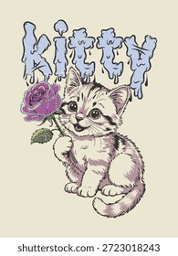 Ilustración vectorial linda del gatito del estilo de Antiguas con la piedra, Rose y la tipografía goteante del gatito
