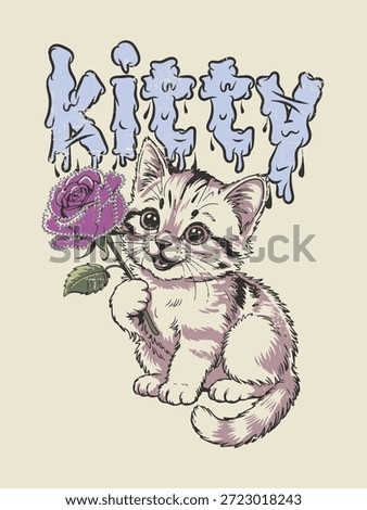 Cute Vintage Style Kitten vector Illustration with stone, Rose and Drippy Kitty Typography