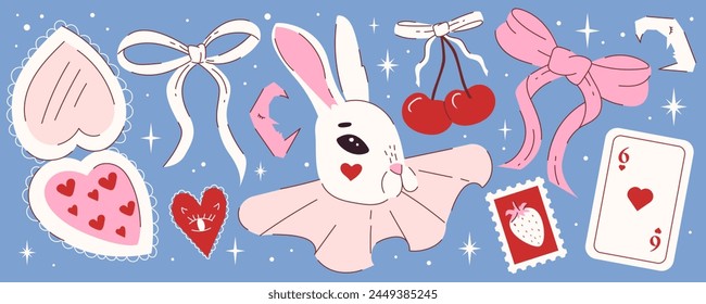 Lindo paquete de pegatinas de estilo vintage sobre fondo azul. Conejito, polvo, corazón, corazón, sello, y más. Estilo de ilustración simple ingenuo. Diseño de Vector contemporáneo.