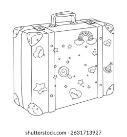 Cute Vintage Suitcase with Stickers Line Art Illustration