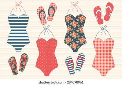 Cute vintage summer elements as swimsuits and flip-flops in shabby chic style for your decoration
