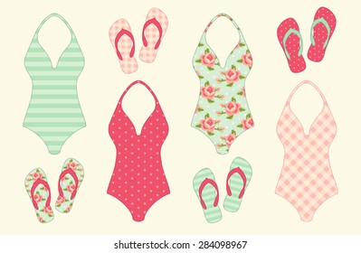 Cute vintage summer elements as swimsuits and flip-flops in shabby chic style for your decoration