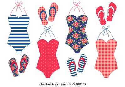 Cute vintage summer elements as swimsuits and flip-flops in shabby chic style for your decoration