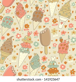 Cute vintage summer seamless pattern with tasty  ice cream and flowers. Delicious desserts vector background. You can use it in birthday decoration, web design, fashion design.