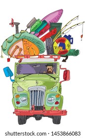 A cute vintage SUV car with a roof trunk full with sport, tourism and outdoor equipment. Cartoon. Caricature.