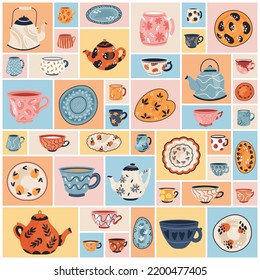 Cute vintage tableware set vector illustration. Cartoon retro kitchen collection with ceramic and porcelain teapot and mug for afternoon tea, kettle and coffee pot in geometric collage background