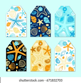 Cute vintage tags with hand drawn shells and starfishes