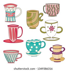Cute  vintage tea cups   coffee cups  vector illustration