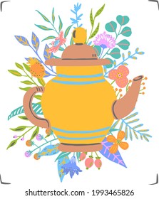 cute vintage teapot decorated with floral elements, isolated vector illustration