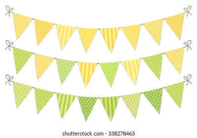 Cute Vintage Textile Green And Yellow Shabby Chic Bunting Flags For Summer Festivals, Birthday, Baby Shower