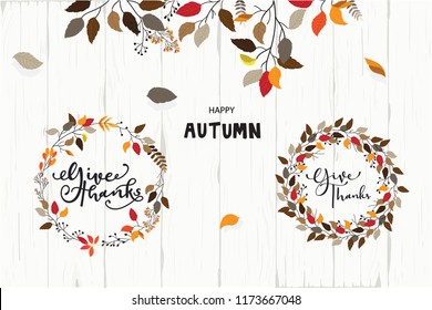 Cute Vintage Thanksgiving Day Card In Autumn Colors With Leaves And Calligraphy Hand Drawn . Vector Illustration Of  Family Holiday Design 