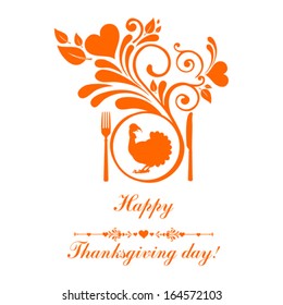 Cute vintage Thanksgiving Day card in autumn colors with leaves and turkey bird. vector Illustration 