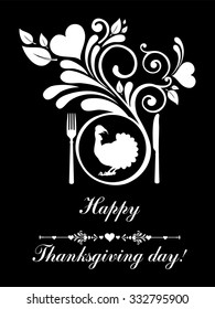 Cute vintage Thanksgiving Day card  with leaves and turkey bird. Menu Template. vector Illustration 