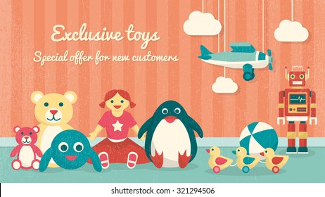 Cute Vintage Toys On The Floor And Plane Hanging, Kids Products Sale Banner