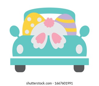 Cute vintage truck with Easter bunny and Easter eggs vector illustration.