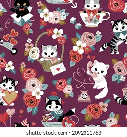 Cute vintage Valentine cats and flowers seamless vector pattern. Perfect for textile, wallpaper or print design.