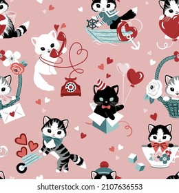 Cute vintage Valentine cats with hearts on pink background. Seamless vector pattern. Perfect for textile, wallpaper or print design.