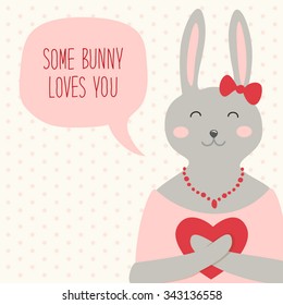 Cute vintage Valentine's Day card with bunny, heart and speech bubble with note Some Bunny Loves You