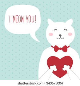 Cute vintage Valentine's Day card with funny cat, heart and speech bubble with note I Meow You