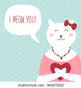 Cute vintage Valentine's Day card with funny cat, heart and speech bubble with note I Meow You