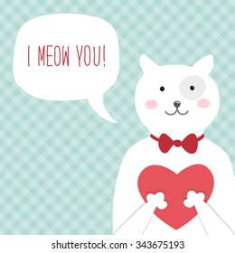 Cute vintage Valentine's Day card with funny cat, heart and speech bubble with note I Meow You