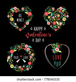 Cute vintage Valentine's Day frames as rustic hand drawn first spring flowers in heart shape