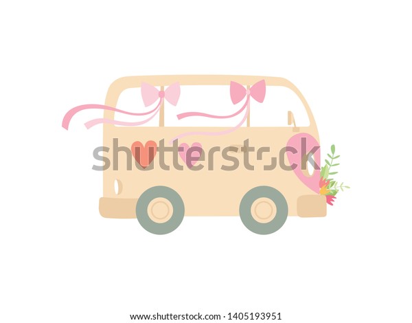 Cute\
Vintage Van Decorated with Flowers and Hearts, Romantic Wedding\
Retro Mini Bus, Side View Vector\
Illustration