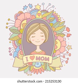 Cute vintage vector greeting card with mother. Happy mothers day. Retro abstract floral background with woman. I love mom postcard