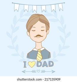 Cute vintage vector greeting card with father. Happy fathers day. Retro abstract floral background with man. I love dad postcard