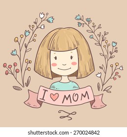 Cute vintage vector greeting card with mother. Happy mothers day. Retro abstract floral background with woman. I love mom postcard