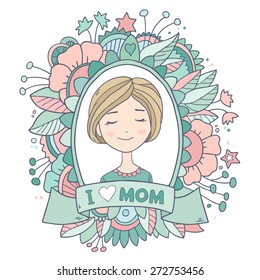 Cute vintage vector greeting card with mother. Happy mothers day. Retro abstract floral background with woman. I love mom postcard