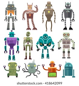 Cute vintage vector robot icons and characters. Toy set robot and technology machine artificial robot illustration