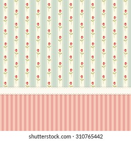 Cute vintage wallpaper with shabby chic roses on striped background 