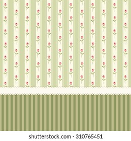 Cute vintage wallpaper with shabby chic roses on striped background 