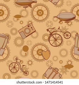 Cute vintage wallpaper, steampunk seamless background. Pattern set of trolley, bike, airship, balloon, cocktail, heart, photo camera, ice cream, cogs and gears.