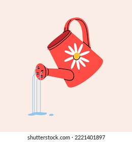 Cute vintage watering can with chamomile. Water the flowers. Gardening moisturising concept. All items are isolated