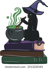 Cute Vintage Witch Cat making a potion