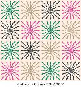 Cute vintage wobbly smiley sun repeatable pattern. Cute vector design for wrapping, stationery, fabric. Soft beige pattern with cute colourful sun elements.