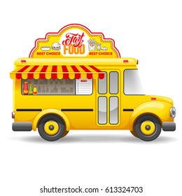 Cute vintage yellow food truck with advertising sign board on the roof. Isolated on white background. Vector illustration. 
