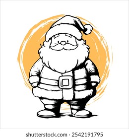 Ilustración linda de Santa Claus del estilo de Antiguas con el equipo acogedor y la expresión alegre con un fondo amarillo del círculo. Perfecto para tarjetas navideñas festivas, decoraciones de Festiva y proyectos de temporada.