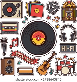 Cute Vinyl Record Vector Sticker. Retro black music disc with colorful label isolated.